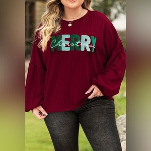 Plus Size MERRY CHRISTMAS Round Neck Long Sleeve Top